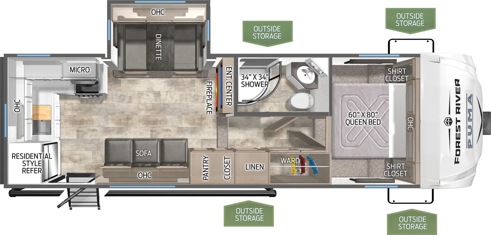 The Puma 255RKS floorplan has one entry and one slide out. Exterior features include: metal exterior and 18' awning. Interiors features include: rear kitchen and front bedroom.